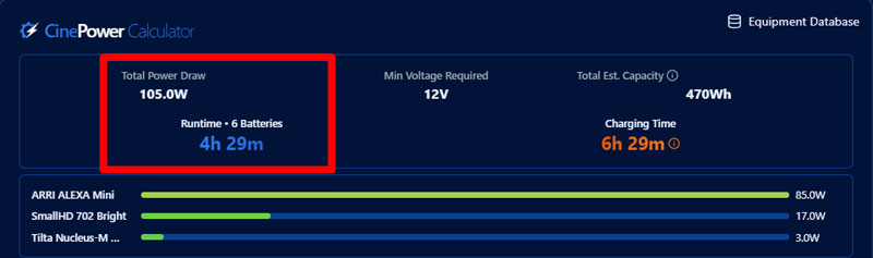 CinePower Calculator initial results showing total power draw