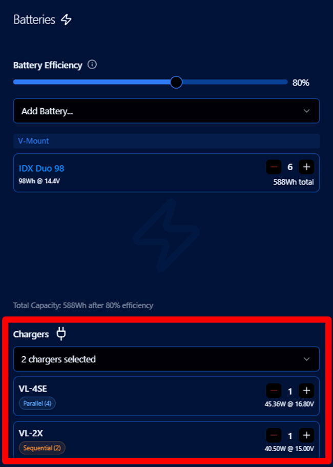 Selecting a charger on CinePower Calculator