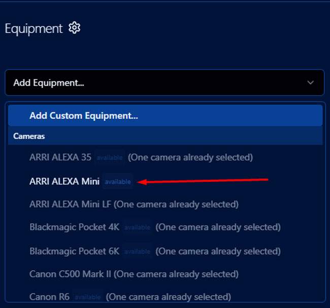 Adding camera on CinePower Calculator