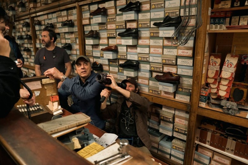 Darius Khondji and Josh Safdie on set of Marty Supreme 